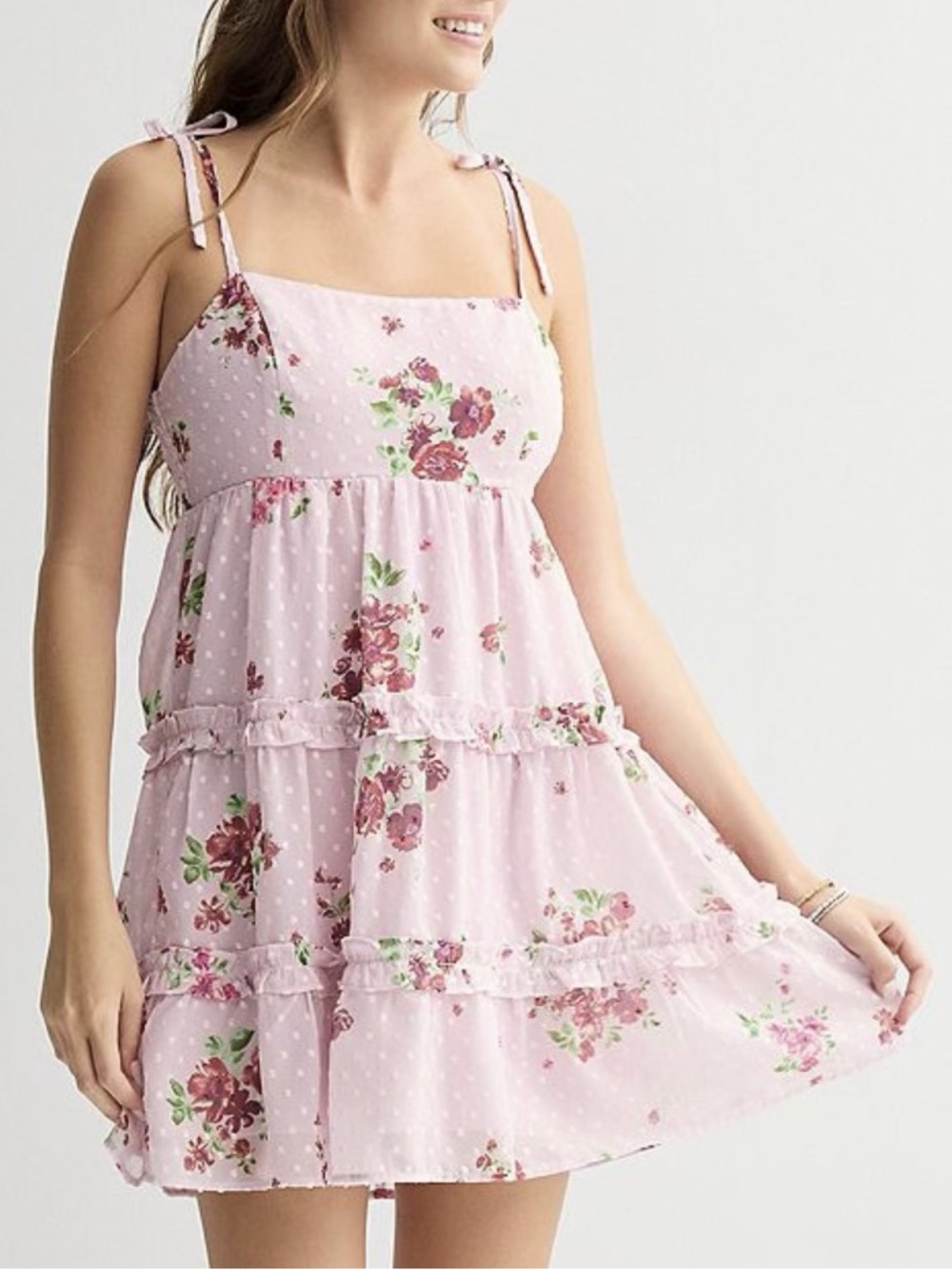 Pink Floral Tie-Shoulder Tiered Dress - Picture 1 of 5
